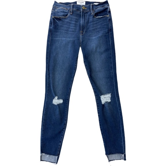 Frame le high skinny jeans medium blue wash raw hem distressed front size 27 - Picture 1 of 13